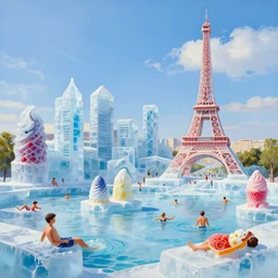 a funny impressionistic painting of ice sculptures made of colorful icecream in the shape of the skyline of paris with eiffel tower on a very sunny summer day, very hot and the ice is melting fast and people are swimming their way through in the icecream in the style of james jean and fernando botero