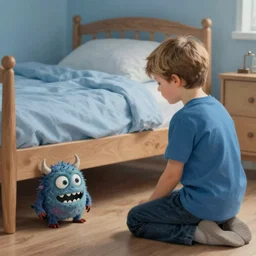 a boy finds a small monster under his bed in the style of sven nordqvist