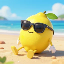 Lemon Character wearing sunglasses relaxing on the beach.