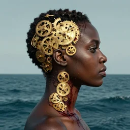 portrait and side profile of a black woman :: side profile :: in ocean :: clockwork details :: gold :: blood and horror ::  by vikings and Sandra Chevrier