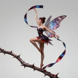 the fairy made of blood is ribbon dancing on a spikey vine, the ribbon is colored like a nebula, ultra realistic, concept art, intricate details, highly detailed, photorealistic, octane render, 8 k, art by greg rutkowski