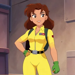 beautiful brown hair female reporter in a yellow jumpsuit character april o ’ neil from animated series teenage mutant ninja turtles 1 9 8 7, by in the style of comics tmnt 1 9 8 7