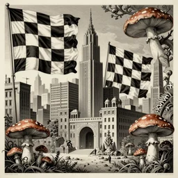 [City with checkered!! flags, brutalism! and mushrooms. Propaganda!!! poster!!!!!, intricate, elegant, highly detailed, digital painting, artstation, concept art, matte, sharp focus, illustration, art by Enki Bilal and Moebius]