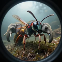 fisheye lens macro extreme close up of giant ichneumon megarhyssa wasps with elephant heads, national geographic, planet earth, volumetric light, foggy, intricate details, epic, dramatic lighting, hdr 4 k uhd