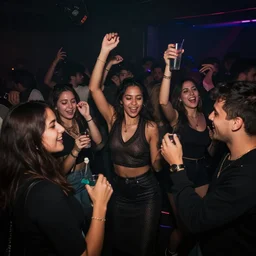 night club full of people dancing and drinking among darkness with dim colorful lights