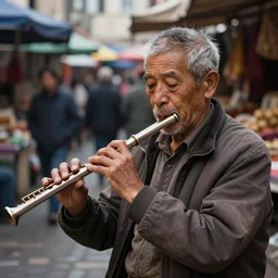 old man playing a flute at a busy street market