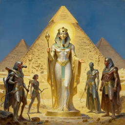 divine blessing, hypertechnology, egyptian pyramids, tim hildebrandt, bruce pennington, wayne barlowe, donato giancola, trending on artstation, cinematic composition, beautiful lighting, hyper detailed, 8 k, oil on canvas