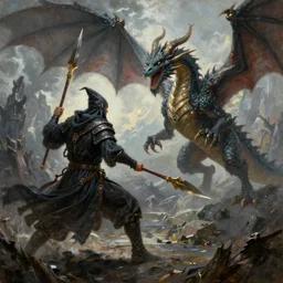 high fantasy oil painting of a wizard fighting a dragon