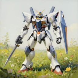 a highly detailed painting of a mecha in a field of flowers, moebius, masterpiece, advanced circuitry, 4 k, 8 k, detailed line art, sharp
