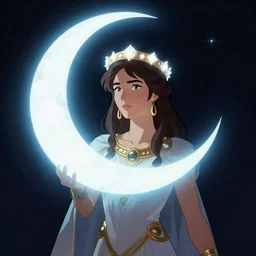 artemixel, the modern reincarnation of the old selenium greek god of hunt, also known as artemis the selene, carrying the celebrated crown of the crescent moon wich its usual bright and slightly bluish crescent like the brightness of the night, a portrait cartoon by moebius!! and karol bak, character design, concept design