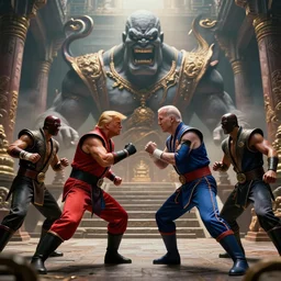 5 5 mm photo of trump fights biden in mortal kombat on the background of an ancient temple with a giant shao kahn laughing. fantasy magic style. highly detailed 8 k. intricate. lifelike. soft light. sony a 7 r iv 5 5 mm. cinematic post - processing