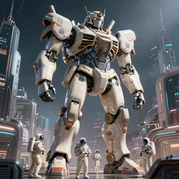 a photo of a giant mech towering over astronauts in a futuristic city, ultra realistic, hyper - detailed, unreal engine, raytraced lighting,