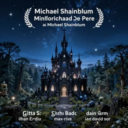 landscape of an european fairyland ( with stars, forrests, and a strange, beautiful, black, lumnious fairy castle ). ancient, mythical, dark, dreamlike, strange, beautiful, high contrast, dynamic lights, blue hours, award winning photo michael shainblum, by gitta sladic, ilhan eroglu, max rive and ian david soar