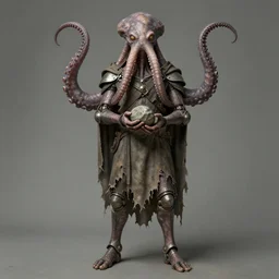 A detailed human with tentacles growing out of his head and with armored joints stands with a pebble in hands and toes. Wearing a ripped mantle. Extremely high details, realistic, fantasy art, solo, masterpiece, art by Zdzisław Beksiński, Arthur Rackham, Dariusz Zawadzki