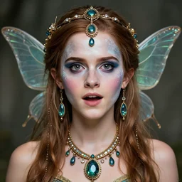 portrait of a fairy, symmetric, facepaint facepaint facepaint, intricate jewelry, trending on artstation 4 k, in the style of karol bak and tom bagshaw, bust with face of emma watson, surprised expression