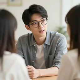 attractive guy with glasses, talking to girl without glasses, hd, high detailed