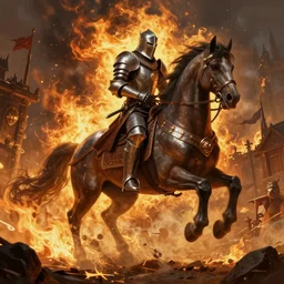 a chaos knight in a burning village riding on an armored horese, artstation hall of fame gallery, editors choice, #1 digital painting of all time, most beautiful image ever created, emotionally evocative, greatest art ever made, lifetime achievement magnum opus masterpiece, the most amazing breathtaking image with the deepest message ever painted, a thing of beauty beyond imagination or words