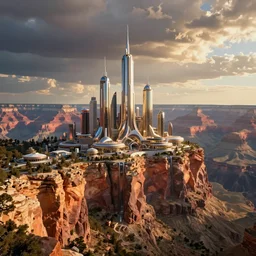 a futuristic utopian metropolitan city on an alien planet with many shiny buildings and spires that sits at the edge of a beautiful canyon cliff side like the grand canyon or bryce canyon, sharp details, photorealistic, octane render, golden hour, cinematic lighting, dramatic clouds, immense scale