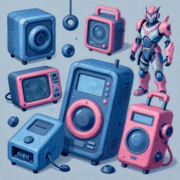 game asset of electronic device junkyard, in gouache detailed paintings, props, stylized, 2 d sprites, kitbash, arcane, overwatch, blue and pink color scheme, 8 k, close up
