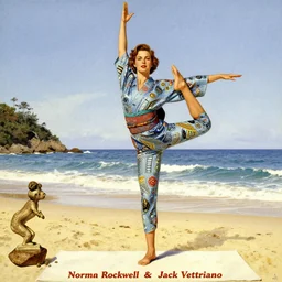 a pin up poster of a girl doing yoga with a futuristic kimono in middle of the beach by norman rockwell and jack vettriano