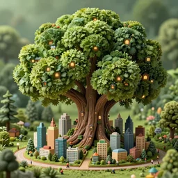 a miniature city built into the trunk of a single colossal tree in the forest, with tiny people, in the style of tyler edlin, lit windows, close - up, low angle, wide angle, awe - inspiring, highly detailed digital art
