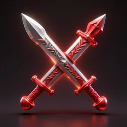 symmetrical game - icon of giant medieval swords crossed, red powerful fantasy epic legends, game icon stylized, digital illustration radiating, a glowing aura, global illumination, ray tracing, 8 k high definition, intricate details, octane render, unreal engine, trending on arstation