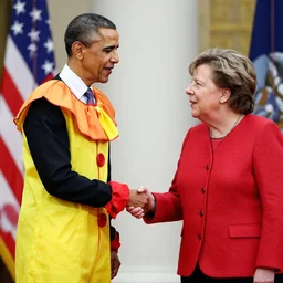 barack obama shaking angela merkels hand in a clown costume