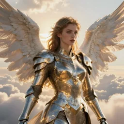 A beautiful fierce photogenic angel wearing metallic battle armor, posing among heavenly sunlit clouds, close-up shot, elegant, digital painting, golden hour, cinematic, trending on artstation, concept art, smooth, sharp focus, illustration, art by artgerm and Greg Rutkowski and Alphonse Mucha