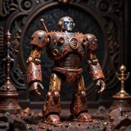 a closeup shot of a beautiful art toy figurine by ashley wood and world of aaa, rusty robot, threea toys, intricate dark background, dramatic light