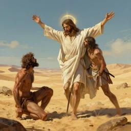 Jesus Christ being tempted by the devil in the desert , Greg rutkowski, Trending artstation, cinematográfica, digital Art
