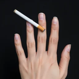 structure of one lady's hand with cigarette on black background. Five thumbs. 50 mm lens shot