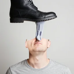 man with shoe for head attempts to insert a sock inside of nostril