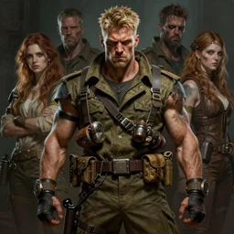 portrait painting of post - apocalyptic muscular angry blond man wearing old military fatigues, ultra realistic!!, dieselpunk, concept art, intricate details, eerie, highly detailed!!, photorealistic, octane render!! 8 k, unreal engine. art by artgerm and greg rutkowski and charlie bowater and magali villeneuve and alphonse mucha