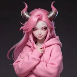 a highly detailed illustration of cute smug pink haired pale girl with two curved horns wearing oversized pink hoodie, dramatic smirk pose, intricate, elegant, highly detailed, centered, digital painting, artstation, concept art, smooth, sharp focus, league of legends concept art, wlop.