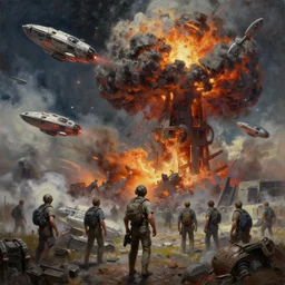 the end of the world after a nuclear war broke out, with the last surviving humans leaving in space ships, digital high detailt oil painting, octane render, 8 k