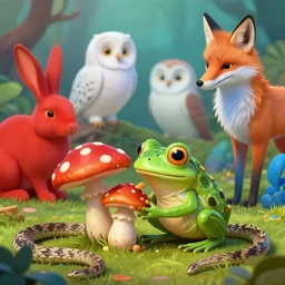 a little frog eating mushroom, red rabbits, white owls, blue foxs, digital art, ultra sharp, extreme details, snakes