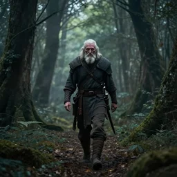 old warrior walking through a mystical Forrest, dramatic lighting, trending on artstation