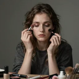 Portrait of a melancholic woman, putting on her makeup in an unorthodox manner, illustrated by Greg Rutkowski and Gaston Bussiere, trending on artstation, 4k, 8k