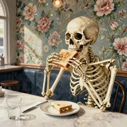 watercolor of n eye level view of skeleton from left hand side sitting at the counter of a cafe, biting into a sandwiche. in the background is floral wallpaper with iridescent and floral theme.