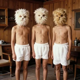 realistic photo of the family wearing fluffy hairy masks, white fluffy cotton shorts, polished and fancy, standing in the wooden room full of wooden furniture 1 9 9 0, life magazine reportage photo