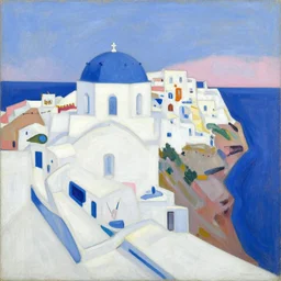 abstract landscape painting of seaside town santorini, white, blue, pink, by david bomberg, borgeaud, marius borgeaud, sonia delaunay, albert marquet, ilse d'hollander, etel adnan