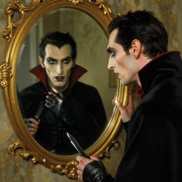hyperrealistic portrait of a vampire watching a mirror. by jeremy mann and alphonse mucha, fantasy art