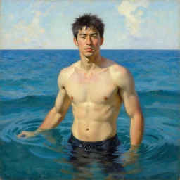 attractive man in the ocean, painting by gaston bussiere, craig mullins, j. c. leyendecker, yoji shinkawa