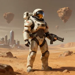 space soldier on mars with a gun, space city in background and floating islands, a highly detailed, digital painting, artstation, concept art, matte, sharp focus, illustration, art by artgerm and greg rutkowski, octane render