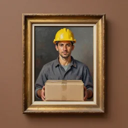 an potrait of man with construction hat holding a package, the picture inside a photo frame,and the frame is on the brown wall, oil painting, 4K