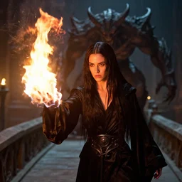 epic photo of young demi moore as beautiful wizard wearing a black satin robe and metal belt in lord of the rings with long straight black hair fighting the terrifying monstrous balrog on a stone bridge, casting a fire spell, sweaty, detailed eyes, neutral expression, shallow depth of field, photorealistic, cinematic lighting, night time, lovely bokeh, dungeon setting, dark moody light, strong rim light, movie quality, fire light, flames, inferno, lord of the rings 1 9 8 5, movie still