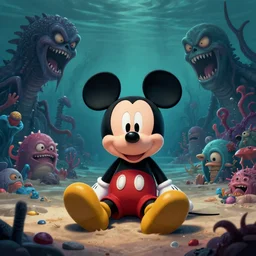 Mickey mouse sitting next to terrifying sea creatures on a creepy beach, digital art, by Daniel Conway, super detailed, artstation