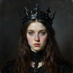 The portrait of Hunter Schafer !!!!!!!!!!!!!!!!!!!!!!!!!!!! in black wax crown by John William Waterhouse, dark fantasy, witcher, very detailed oil painting, masterpiece, 8k