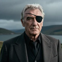 sean connery as big boss, white hair, eye patch dim lighting