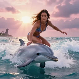 epic portrait of muscled Mila Kunis surfing a dolphin on a big translucent wave, sun rays across sky, pink golden hour, stormy coast, intricate, highly detailed, shallow depth of field, tentacles in the distance, epic vista, Ralph Horsley, Daniel F. Gerhartz, Artgerm, Boris Villajo, Lilia Alvarado